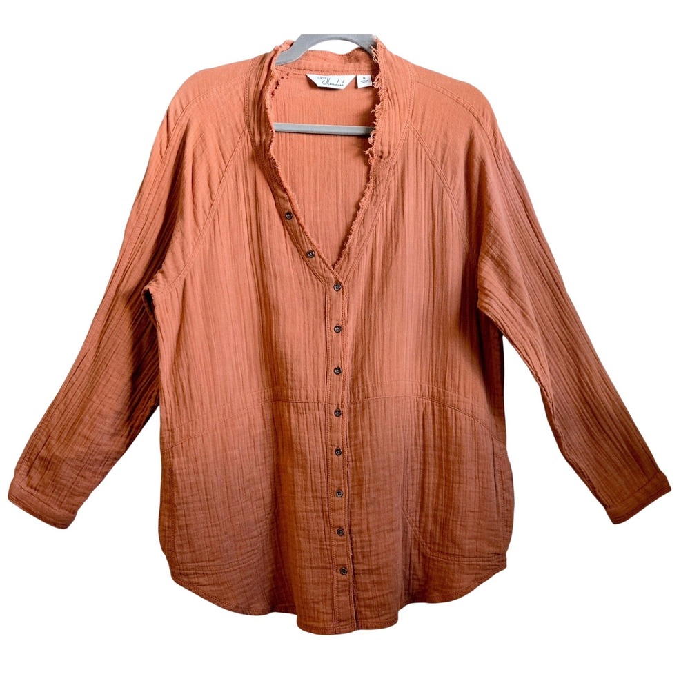 Caffe Marrakesh Women M Boho Cotton Double Gauze Frayed V-Neck Tunic Top Orange